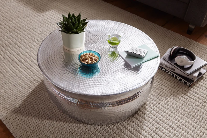 Couchtisch 75x31x75cm Aluminium Silber orientalisch rund Hammerschlag