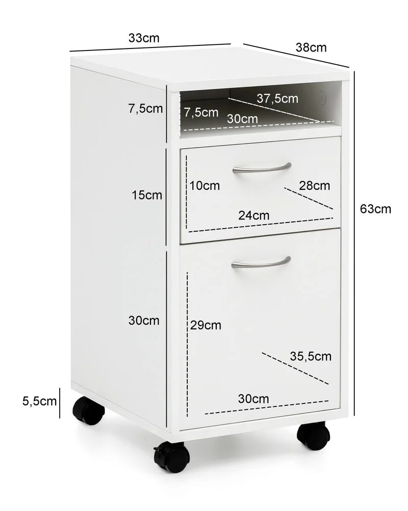 Rollcontainer WL5.901 Weiß Holz Schubladen & Tür Modern 33x63x38 cm