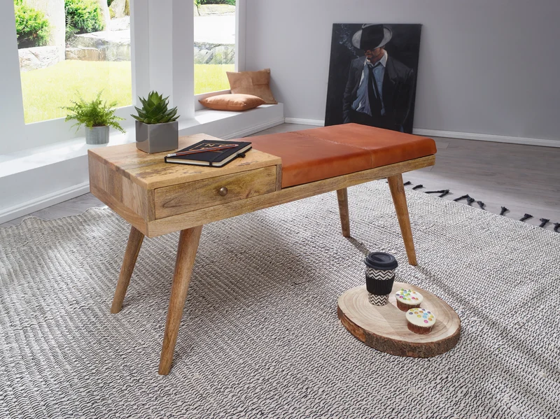Sitzbank Retro Ziegenleder Massivholz 100x52x38cm Braun Stauraum