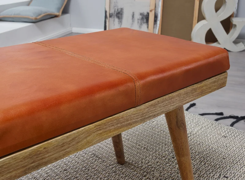 Sitzbank Retro Ziegenleder Massivholz 100x52x38cm Braun Stauraum