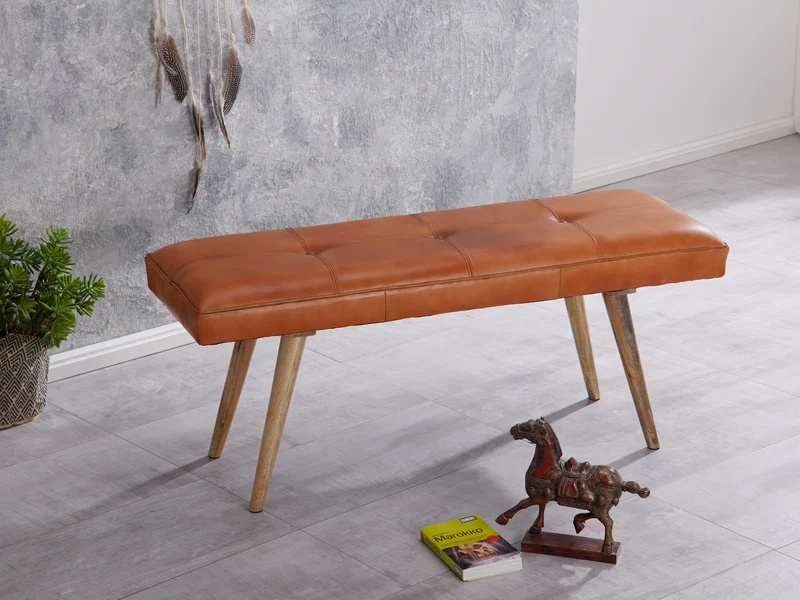 Sitzbank Retro Ziegenleder Massivholz 117x51x38cm Braun Esszimmer