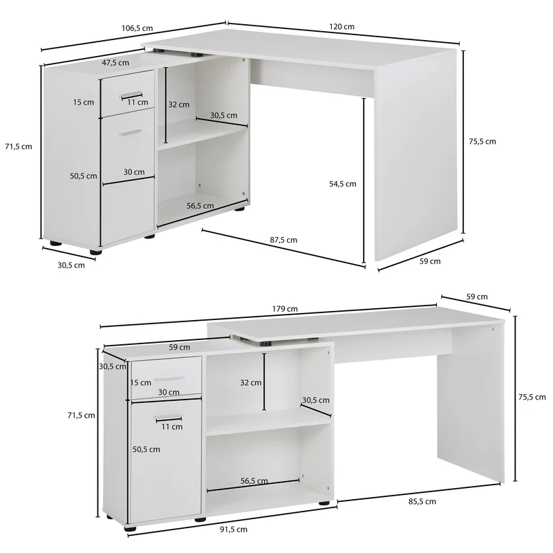 Eckschreibtisch mit Regal Weiß 120x75,5x106,5cm Modern Home Office