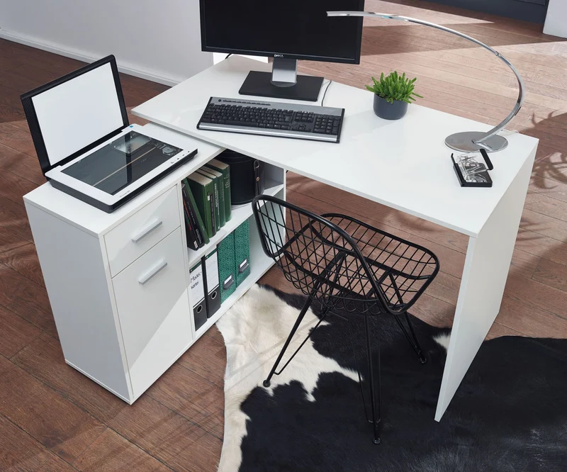 Eckschreibtisch mit Regal Weiß 120x75,5x106,5cm Modern Home Office