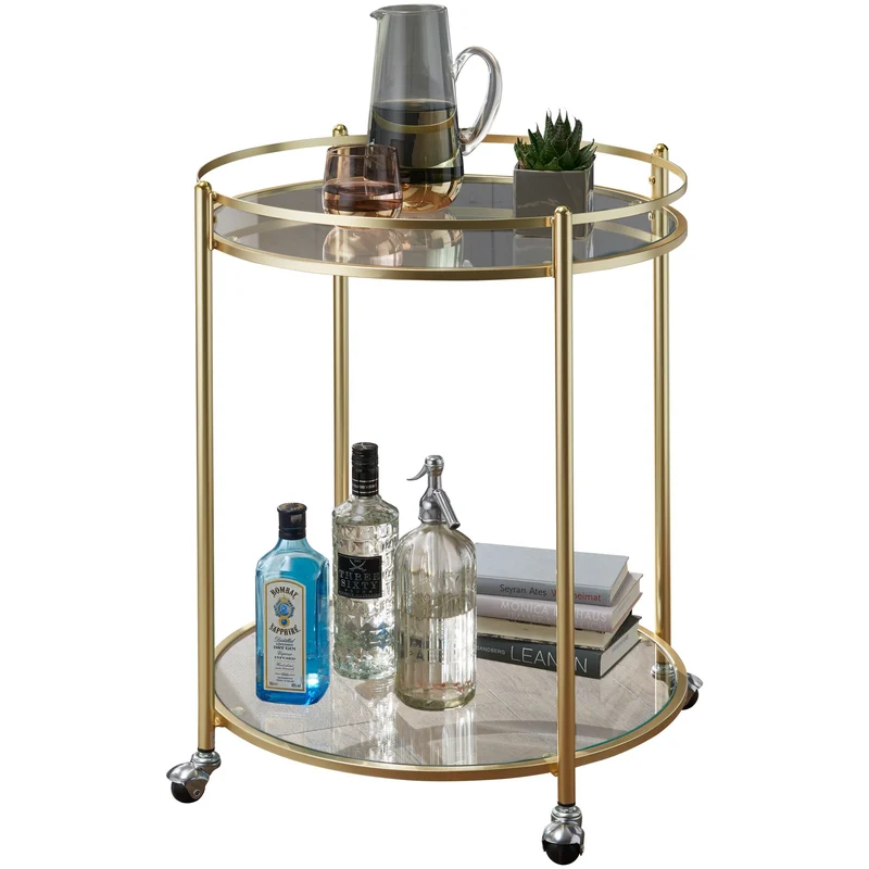 Servierwagen Gold Metall Glasplatten Rollen 57cm Rund 75cm hoch