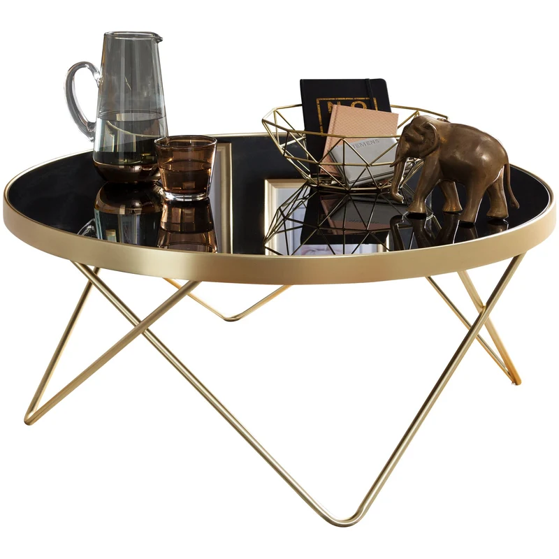 Couchtisch Ø82cm Schwarz Gold Metall Glasplatte modern Wohnzimmertisch