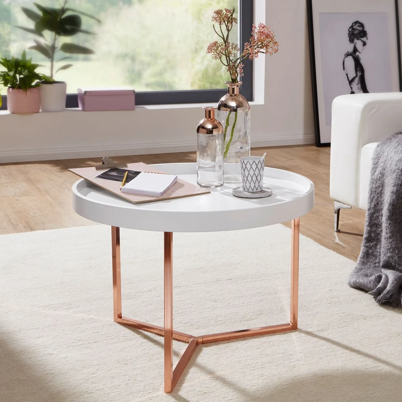Couchtisch JESI 58,5x42x58,5cm Weiß Kupfer Metall Retro Design Rund