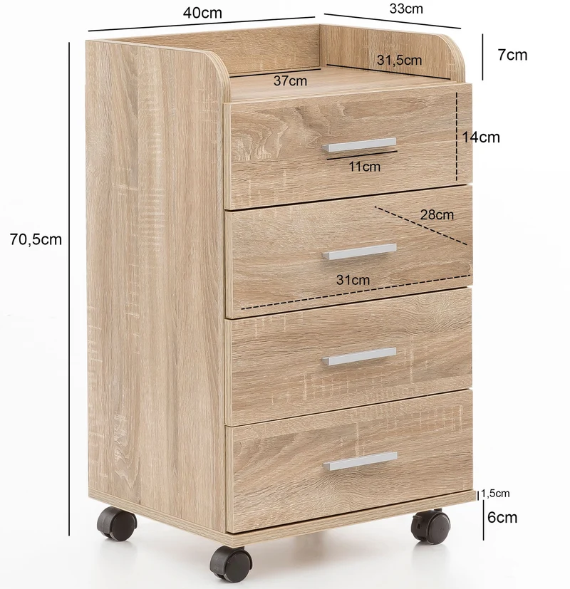 Rollcontainer WL5.749 40x70,5x33cm Sonoma 4 Schubladen Bürocontainer