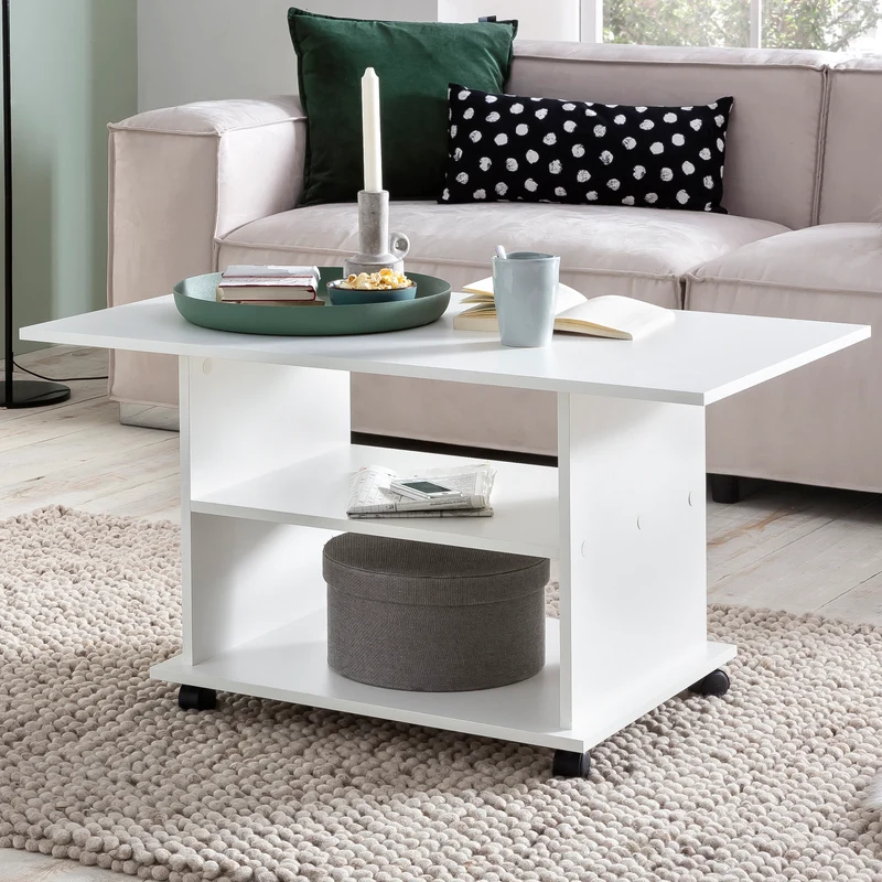 Couchtisch WL5.738 Weiß Drehbar Rollen Stauraum 95x51x54,5cm Holz