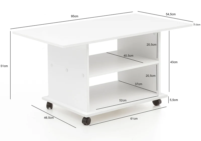 Couchtisch WL5.738 Weiß Drehbar Rollen Stauraum 95x51x54,5cm Holz