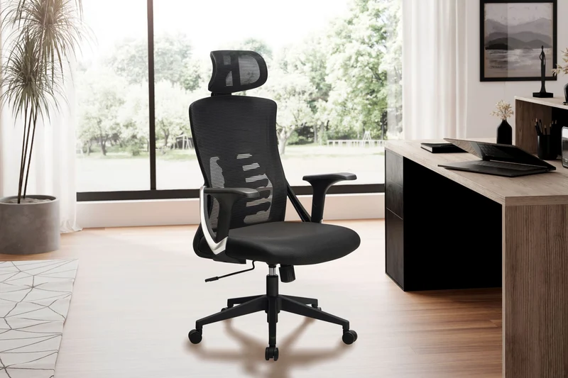 Bürostuhl Schwarz Mesh ergonomisch höhenverstellbar mit Kopfstütze