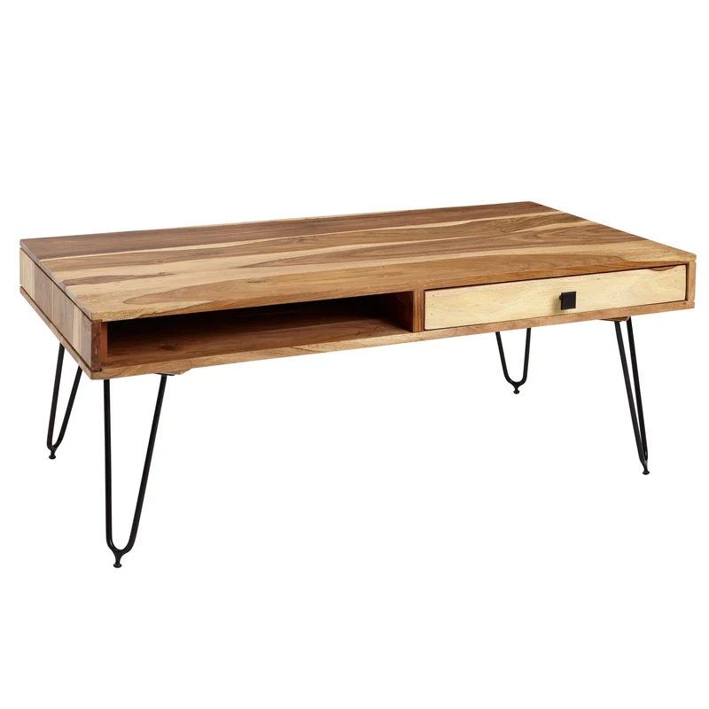 Couchtisch BAGLI Akazie Massivholz 110cm Metallbeine Landhaus Schublade