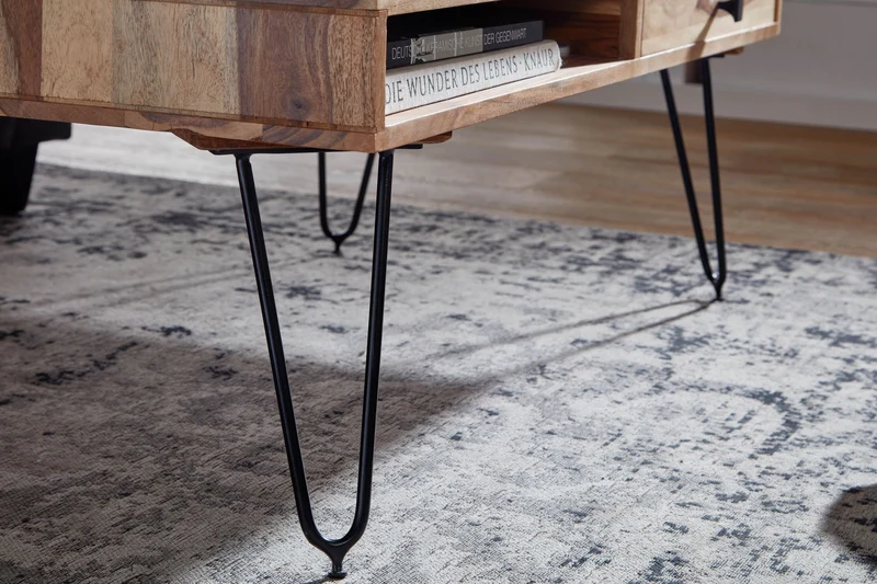 Couchtisch BAGLI Akazie Massivholz 110cm Metallbeine Landhaus Schublade