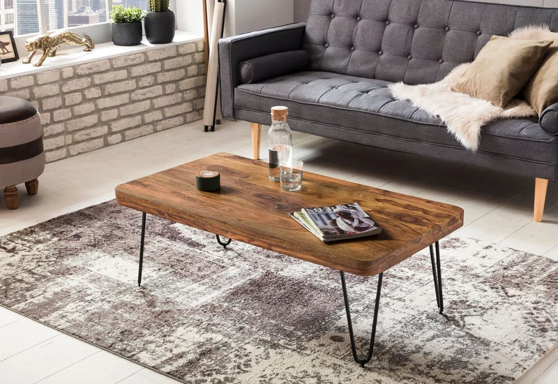 Couchtisch BAGLI 115cm Sheesham Massivholz Metallbeine Landhausstil