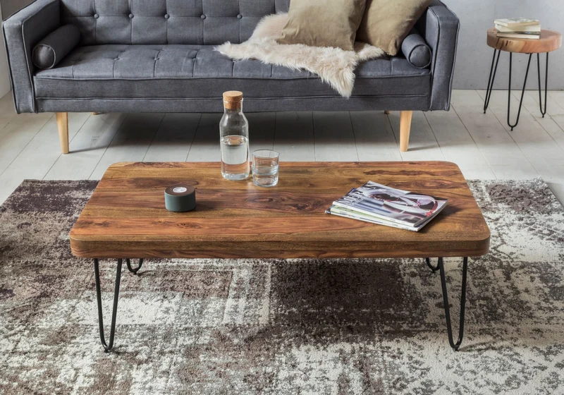 Couchtisch BAGLI 115cm Sheesham Massivholz Metallbeine Landhausstil