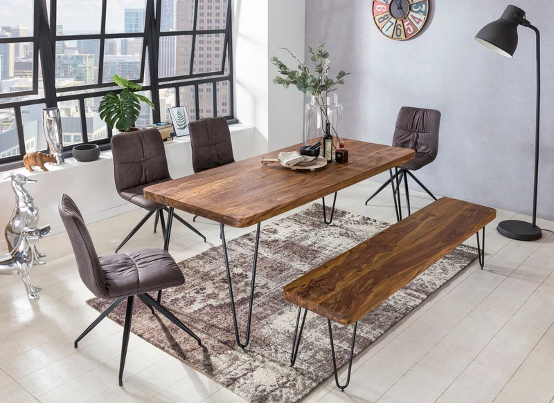 Esstisch BAGLI 120cm Sheesham Massivholz Metallbeine Landhaus Braun