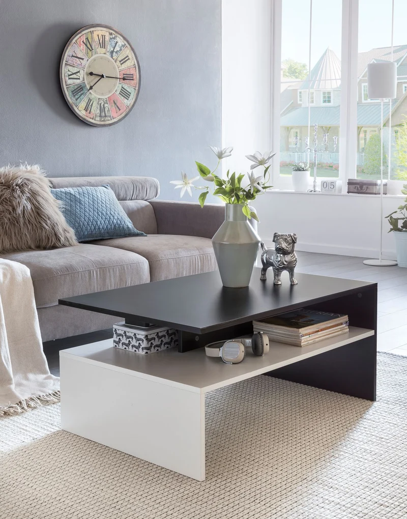 Couchtisch Holz Schwarz Weiß zweiteilig mit Ablage modern 90x43x60cm