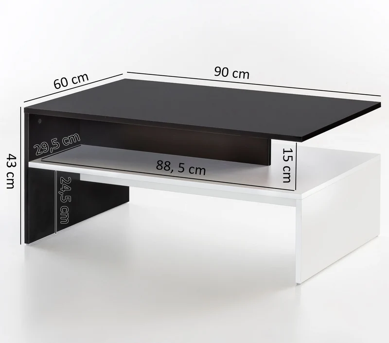 Couchtisch Holz Schwarz Weiß zweiteilig mit Ablage modern 90x43x60cm