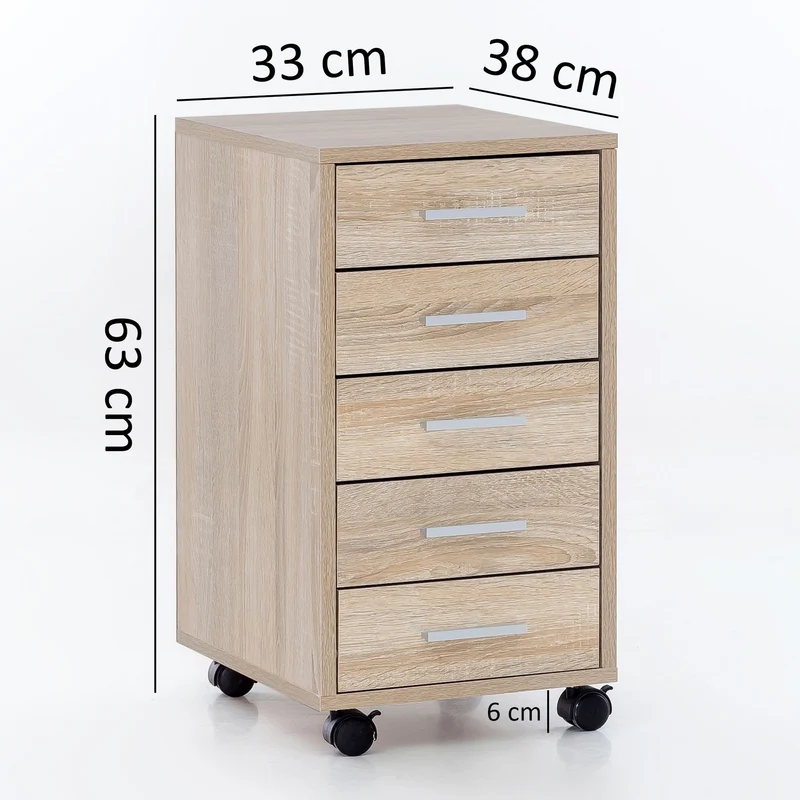 Rollcontainer Sonoma Holz 5 Schubladen Schreibtischcontainer mit Rollen
