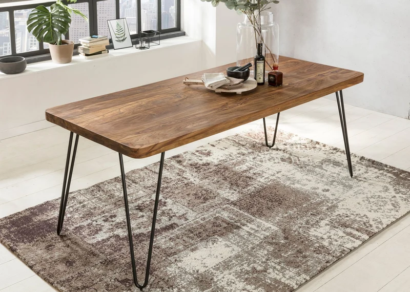 Esstisch BAGLI 200x80x76cm Sheesham Massivholz Metallbeine Landhausstil