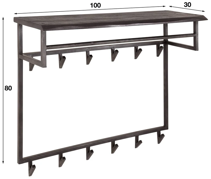 Wandgarderobe Garderobe YUKON 12 Haken Hutablage Stahl Akazie Schwarz