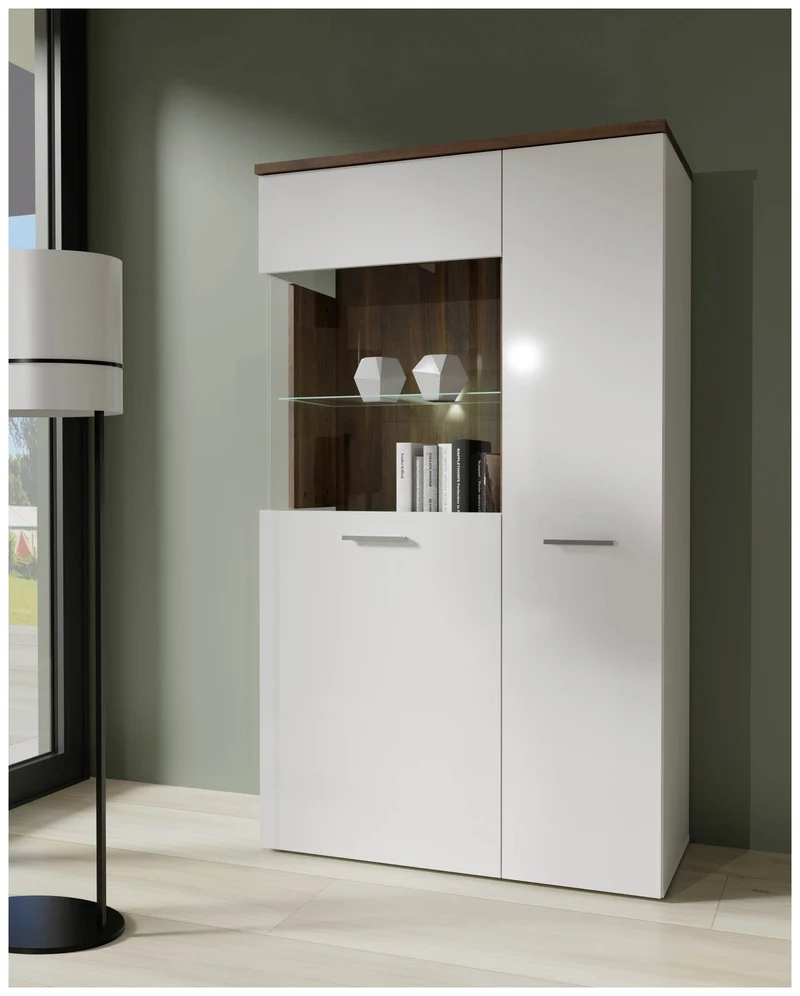 Highboard Vitrine RAIDON Optik: Weiß Walnuss Front Highgloss von Forte