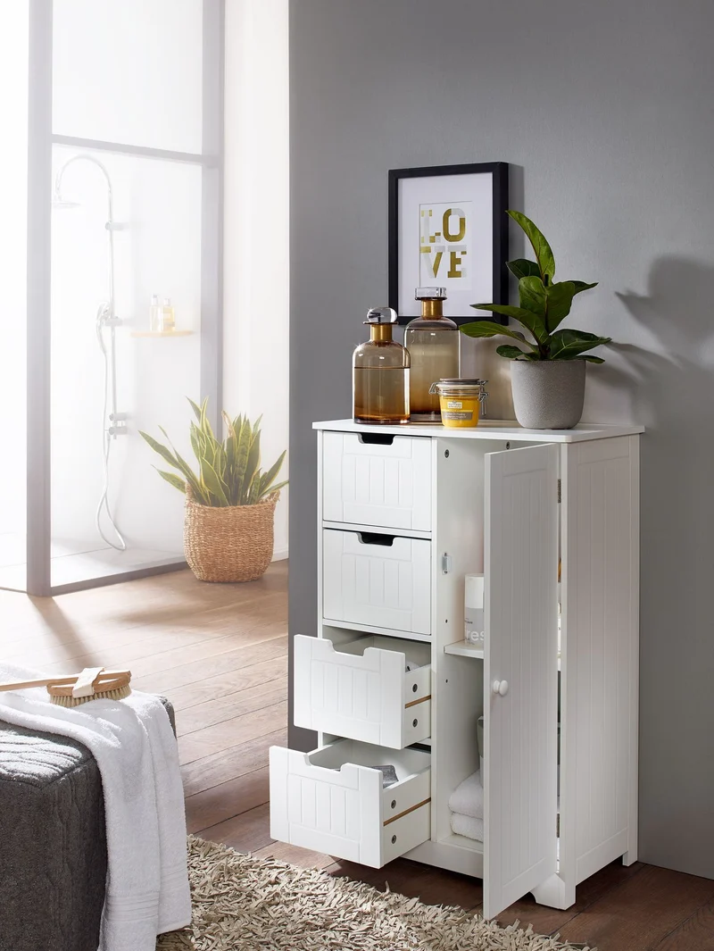 Badschrank Landhaus MDF 56x83x30cm weiß 4 Schubladen 1 Tür