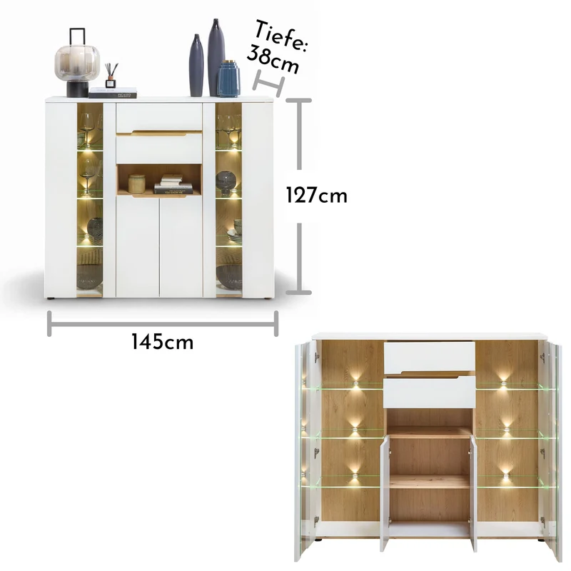 Highboard MEMPHIS Weiß mit Artisan Eiche Nachbildung und LED