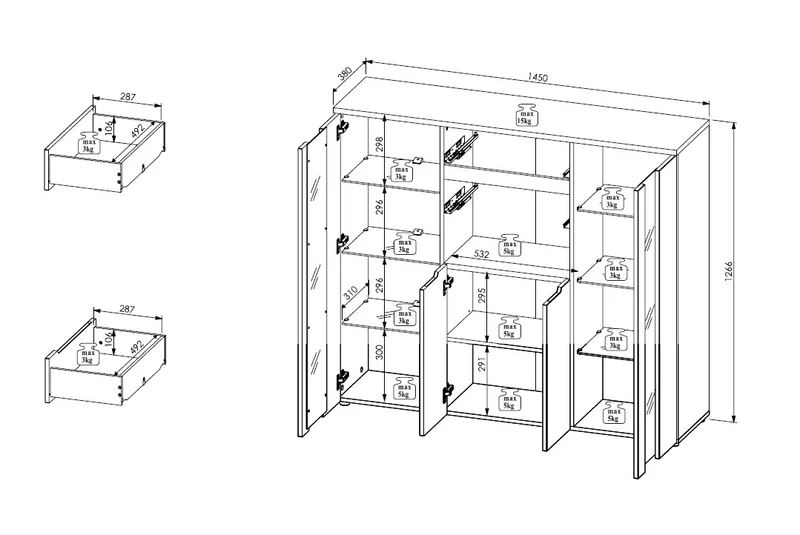 Highboard MEMPHIS Weiß mit Artisan Eiche Nachbildung und LED