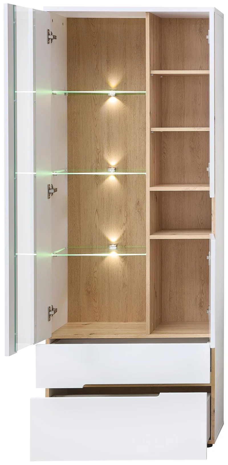 Vitrine MEMPHIS Weiß mit Artisan Eiche Nachbildung und LED
