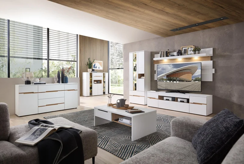 Vitrine MEMPHIS Weiß mit Artisan Eiche Nachbildung und LED