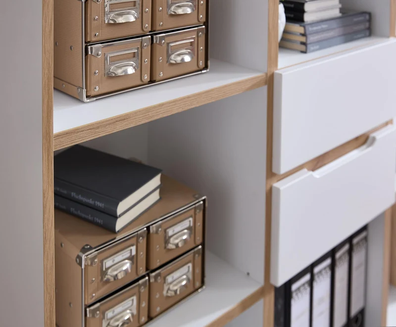 Büroregal MEMPHIS Weiß supermatt & Artisan Eiche – 2 Schubkästen