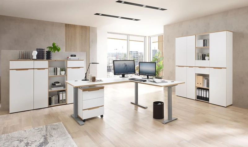 Büroregal MEMPHIS Weiß supermatt & Artisan Eiche – 2 Schubkästen