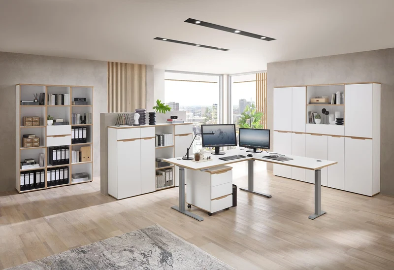 Büroschrank MEMPHIS 1-türig WH05 Front Weiß supermatt & Artisan Eiche