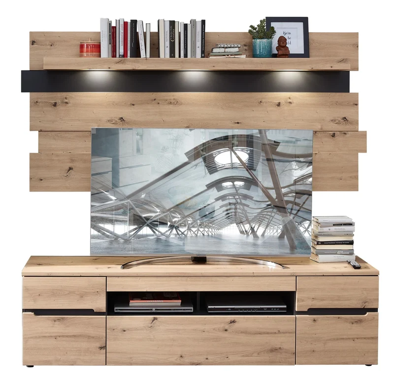 TV-Lowboard MEMPHIS 2-teilig mit Wandpaneel, Artisan Eiche