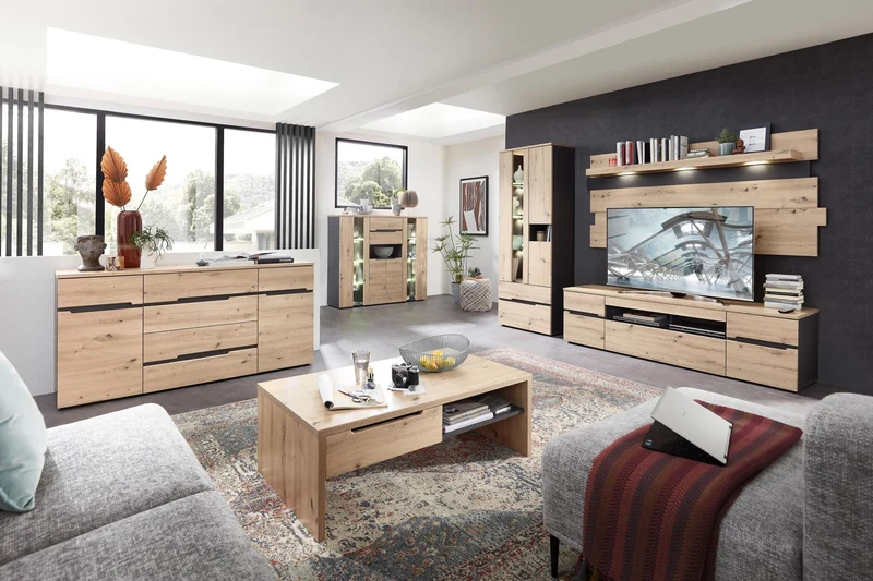 TV-Lowboard MEMPHIS 2-teilig mit Wandpaneel, Artisan Eiche