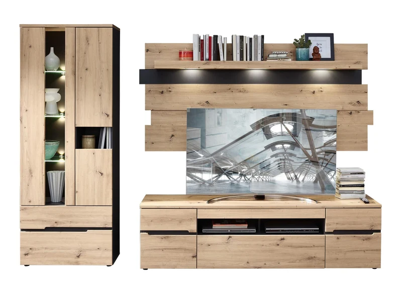 Wohnzimmerschrank MEMPHIS 3-teilig Artisan Eiche Graphit, Innostyle