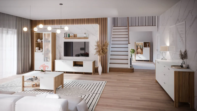 Vitrinenschrank SAITAMA mit 2 Türen Dekor: Secret Grey und Eiche Optik