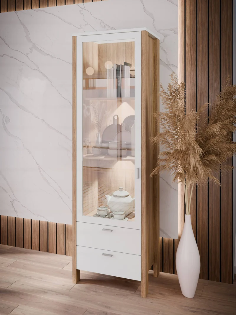 Vitrine SAITAMA Schrank mit Glastür Dekor: Secret Grey und Eiche Optik