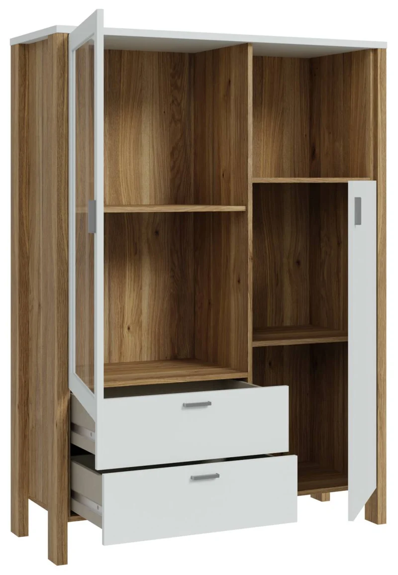 Highboard Vitrine SAITAMA mit 2 Türen in Secret Grey / Mauvella Eiche