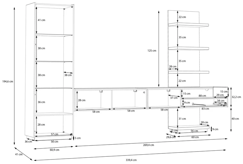 Wohnzimmerschrank LEWISVILLE 4-tlg. mit hängendem Lowboard
