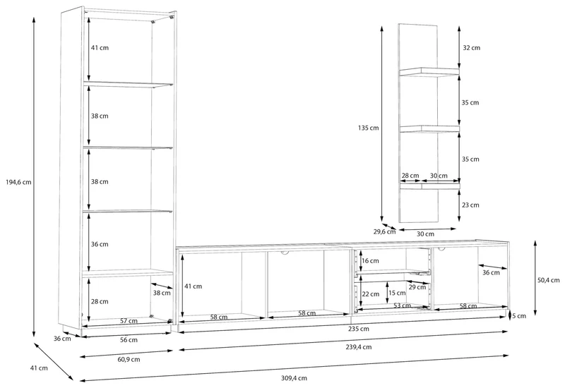 Wohnzimmerschrank LEWISVILLE, 3-tlg. Secret Grey/Valencia Eiche