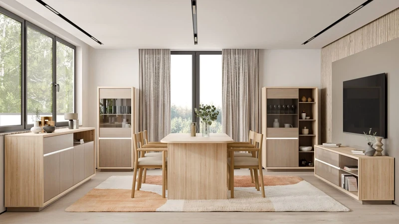 Highboard Vitrine FICAR 2-trg. Dekor: Riva Eiche / Imbiah Pine, Forte