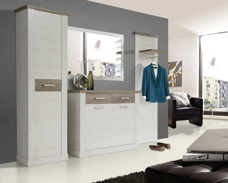 Garderobe DURO 4-tlg. Komplett-Set, Pinie weiß Absetzungen Eiche Antik