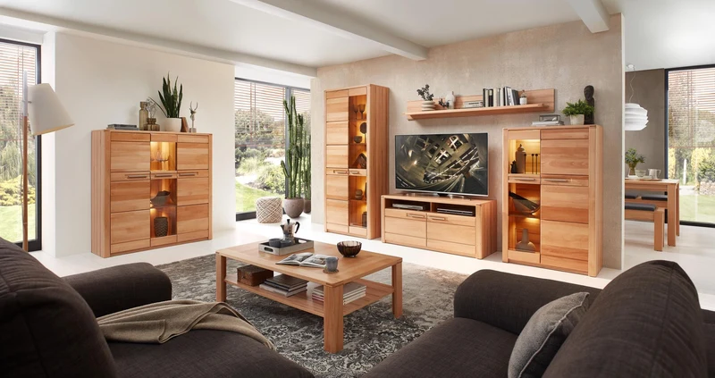 Highboard NATURE ONE Front Kernbuche Massivholz - mit LED Beleuchtung