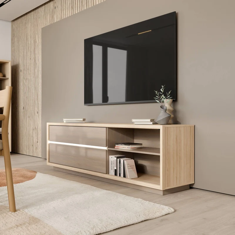 TV Kommode FICAR Lowboard 2 Schubladen Riva Eiche / Imbiah Pine, Forte