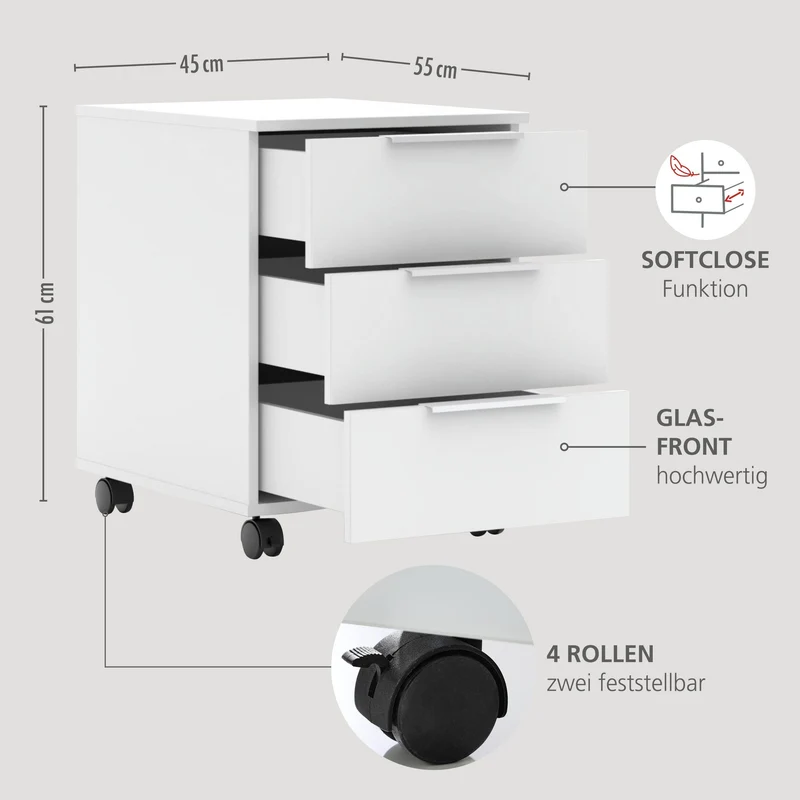Rollcontainer SANTORIN Weiß & weißes Glas – 3 Schubladen Softclose