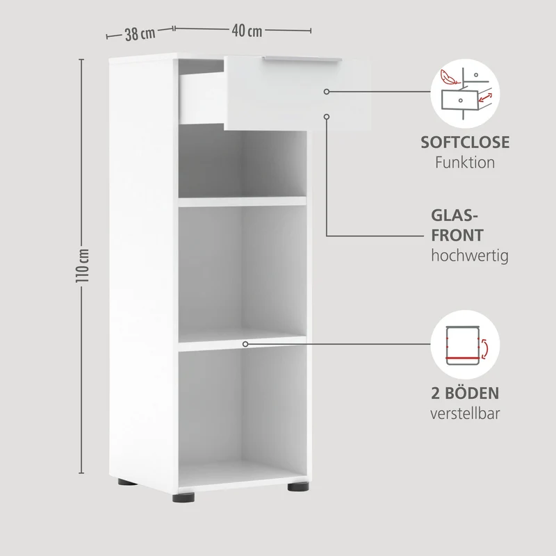 Büroregal SANTORIN Weiß & weißes Glas – schmal 40x110 cm