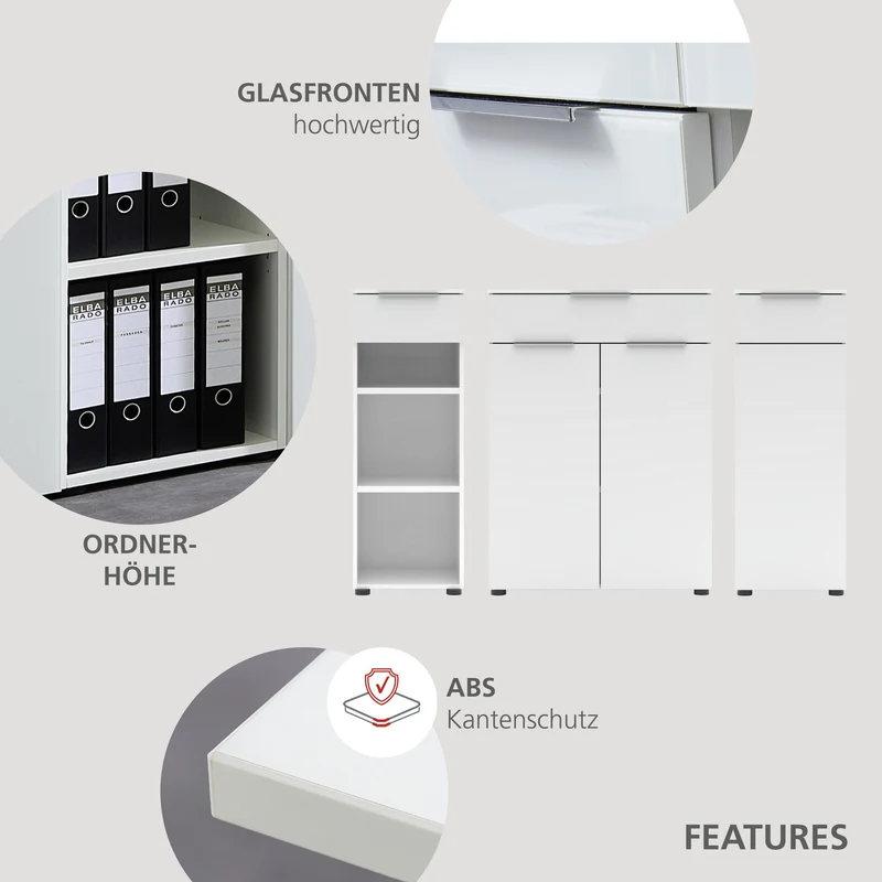 Schmaler Aktenschrank SANTORIN Weiß & weißes Glas – 40x110 cm
