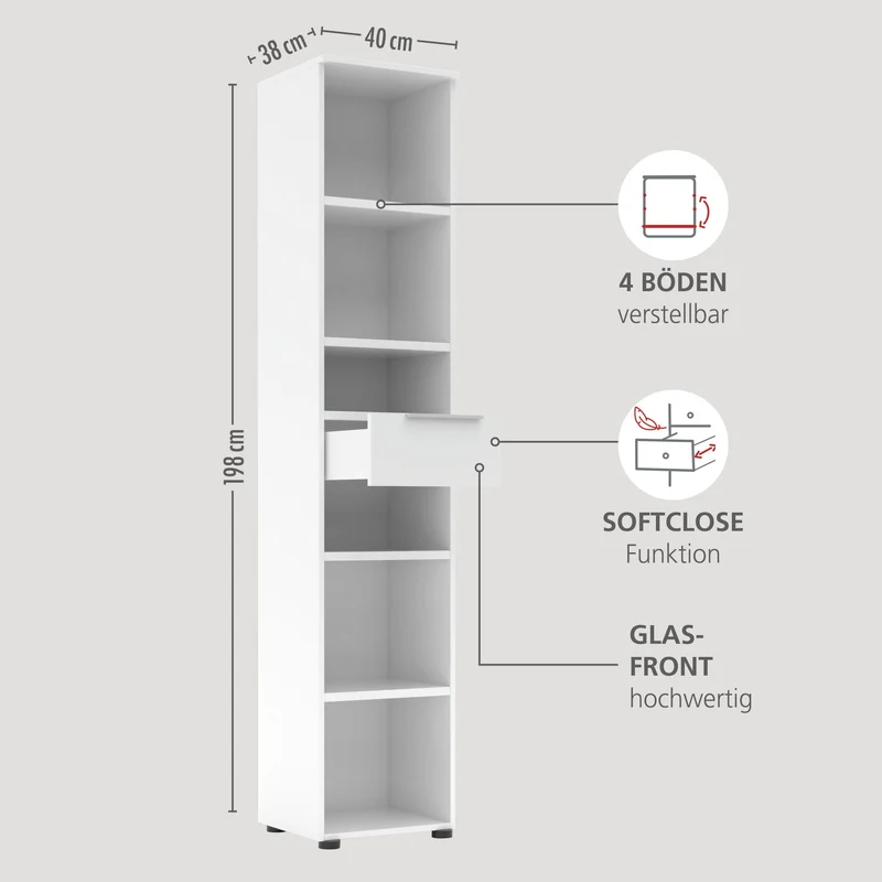 Büroregal SANTORIN Weiß & weißes Glas – schmal 40x198 cm