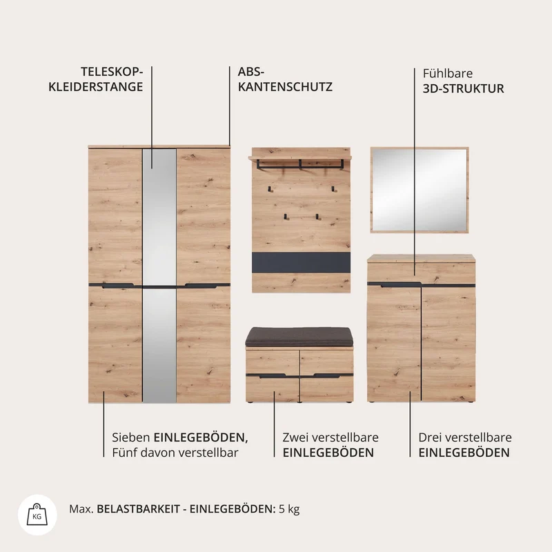 Garderoben Set MEMPHIS GH81 Artisan Eiche Nachbildung 5-teilig